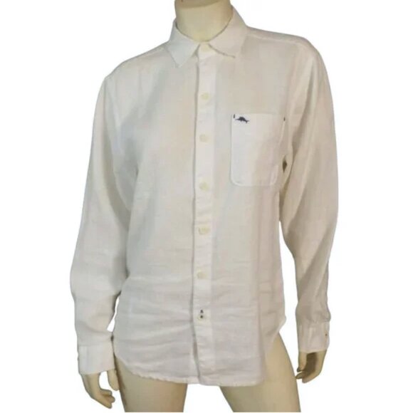 TOMMY BAHAMA Linen Shirt, M, White, Bleed-thru Back Print, Pocket, Long sleeve - Picture 1 of 12